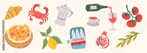 Italian homemade retro vintage doodle drawing. Family dinner, picnic, breakfast, wine, coffee, mediterranean summer food. Dolce vita colorful drawings for cafe or restaurant menus. Abstract whimsical