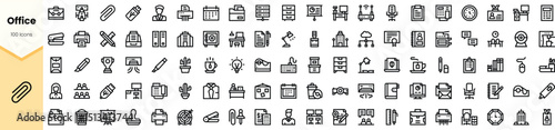 A collection of minimalistic office icons in black , featuring various tools, furniture, and organizational elements commonly found in workspaces.