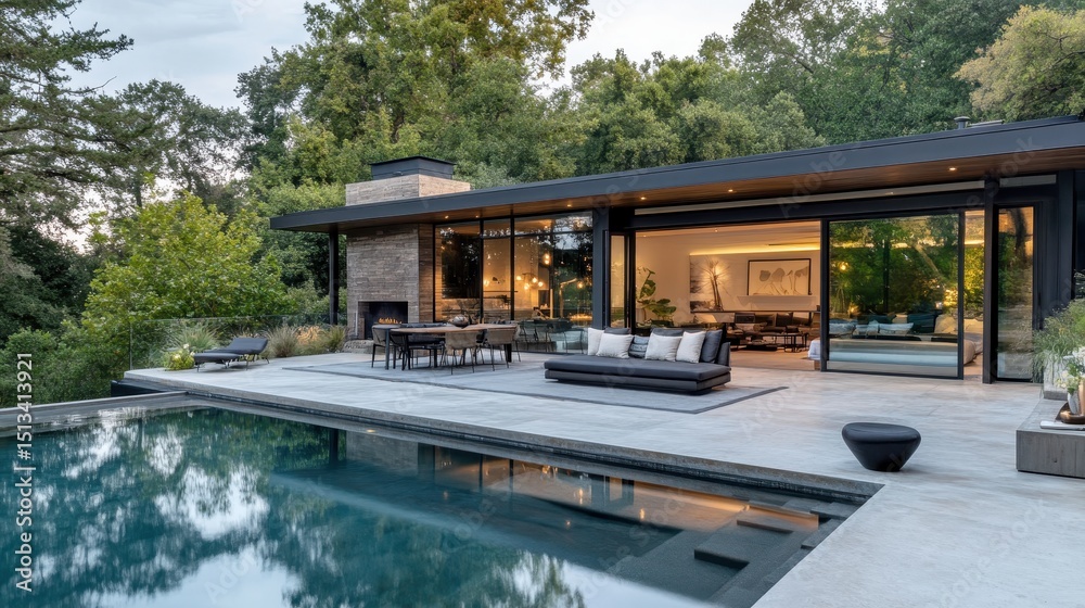 Fototapeta premium Modern house with a pool, patio, fireplace, and floor to ceiling windows. Perfect for real estate ads, architectural designs, or luxury lifestyle publications.