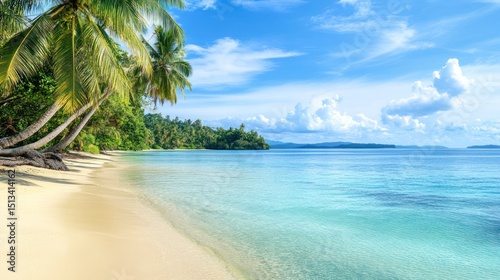 Idyllic tropical beach with palm trees, turquoise sea, and scenic blue sky landscape photo