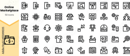 A collection of minimalistic line icons representing an online marketplace, featuring shopping carts, charts, customer support, and various e-commerce symbols.