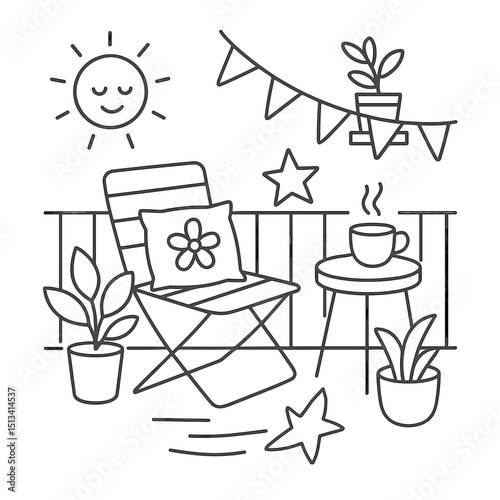 Minimalist hand-drawn balcony line art with cozy chair and plants photo