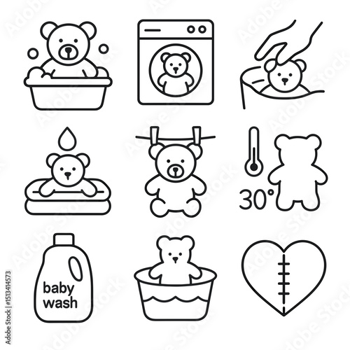 Vector icon set depicting kids' clothes washing and care activities  