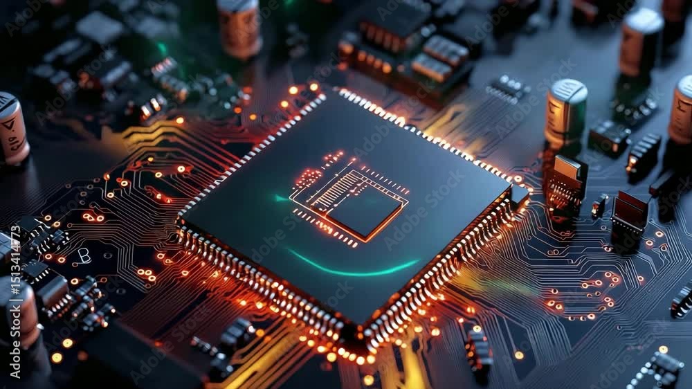 A close-up view of a glowing microchip on an electronic circuit board, showcasing advanced technology and intricate connections.