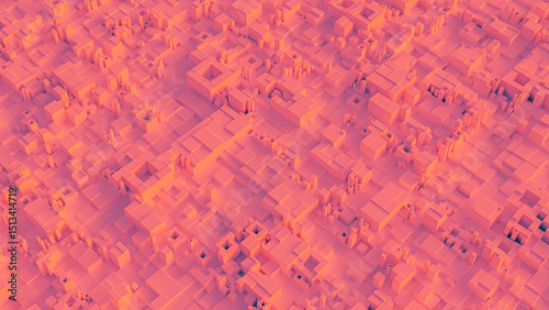 Abstract geometric landscape with a dense arrangement of three-dimensional rectangular shapes in varied heights, featuring a warm monochromatic color scheme with dominant pink and orange hues