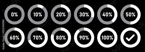 Infographic circle with percentage. Set of circle loading and circle progress collection. 0 10 20 30 40 50 60 70 80 90 100 percent in white color on black background. Vector icon