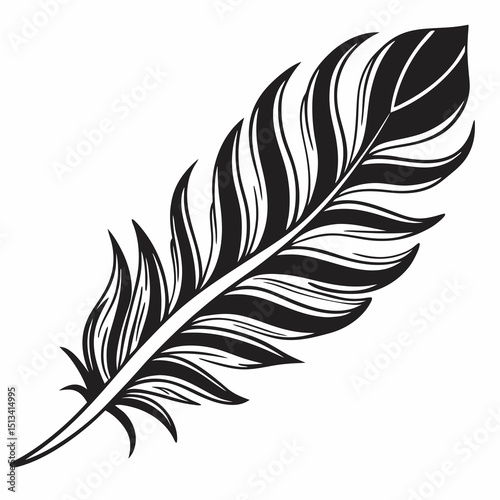 Ornate Black and White Rowan Branch Illustration . Detailed, graphic illustration of a rowan branch with intricate leaf details.