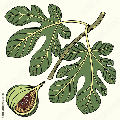 Ornate Black and White Rowan Branch Illustration , Detailed, graphic illustration of a rowan branch with intricate leaf details. 