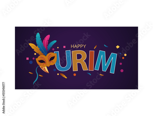 Happy Purim Festive Design with Masquerade Mask & Confetti