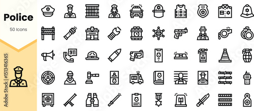 A diverse collection of police-related icons, featuring symbols of law enforcement such as badges, vehicles, and tools in a clean, minimalistic design.