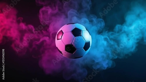 Colorful neon smoke swirling around a soccer ball with vibrant dynamic motion, dark background | video download