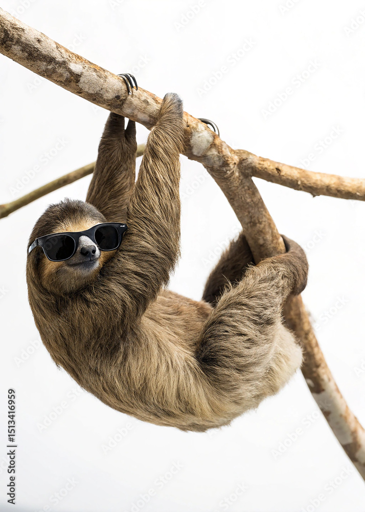 Fototapeta premium Chill Sloth Mode, Upside-Down Sloth with Cool Black Shades on White Background