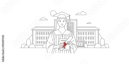 Graduate woman holding diploma with university building in background  