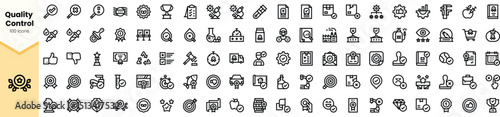 An array of quality control icons, featuring symbols like checkmarks, trophies, and tools, designed in a minimalist black outline style.