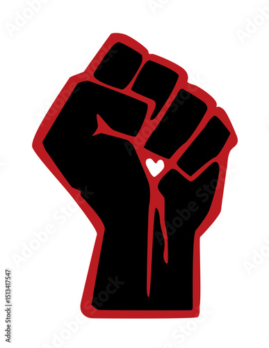 "Vector illustration of a raised fist symbolizing power, resistance, protest, revolution, strength, and unity, in bold graphic style, ideal for activist designs, social justice campaigns.