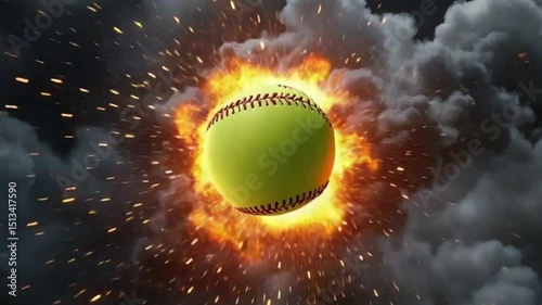 Explosive action softball scene with ball engulfed in intense fire, dramatic volumetric clouds, vibrant colors,  video download