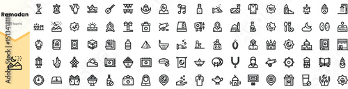 A collection of Ramadan-themed icons in a minimalist black line art style. Ideal for representing various aspects of the holy month.