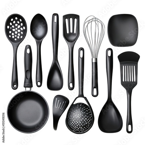 Black kitchen utensils arranged in a grid