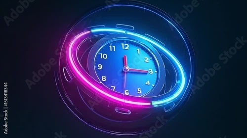3D render of neon clock with abstract time elements and futuristic, glowing vibrant colors on dark background with cinematic lighting and focus blur | video download
