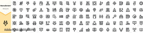 A diverse set of recruitment icons showcasing various aspects of hiring, from interviews to onboarding, designed in a minimalist black style.