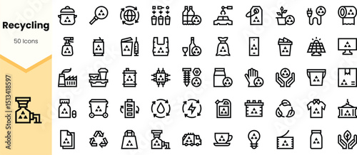 A collection of eco-themed icons illustrating recycling concepts, featuring various designs related to sustainability, waste management, and environmental awareness.