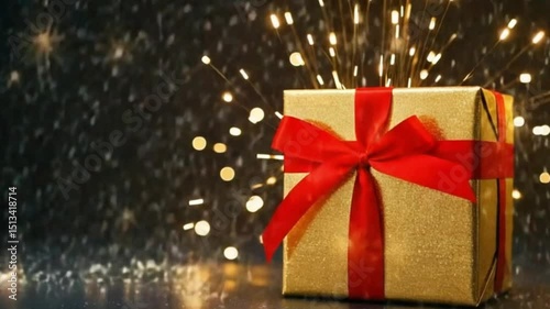 Elegant gift box with red bow and intricate patterns, glowing in glittering gold lights against a magical snowy background, captured in 8K studio detail | video download