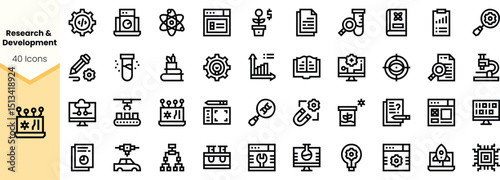 A collection of black icons representing research and development concepts, featuring lab equipment, graphs, and scientific symbols.
