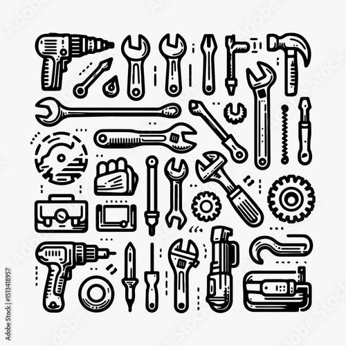 Assortment of automotive mechanic tools and equipment in a clean, isolated presentation. Industrial concept