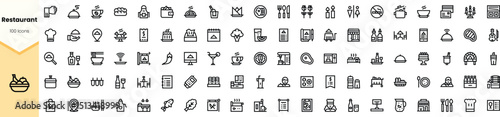 A diverse collection of restaurant-themed icons, showcasing various food and drink items, utensils, and dining elements in a minimalist black design.