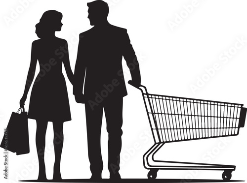 Couple Shopping with Car Shaped Cart Silhouette Creative Concept Art