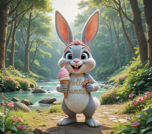Friendly cartoon bunny holding an ice cream cone in a forest setting with a 