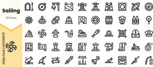 A collection of sleek line icons representing various sailing themes, including boats, navigation tools, and maritime symbols, perfect for nautical-themed projects.
