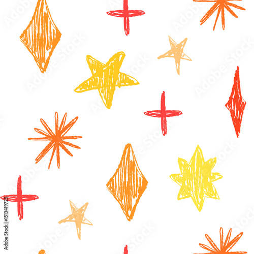 Seamless pattern of Christmas stars drawn with crayon or wax pencil texture effect