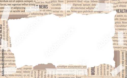 Rectangle frame of old ripped vintage newspaper and washi tape. Torn paper design