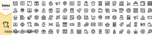 A collection of minimalist black icons representing sales concepts, including pricing, shopping, promotions, and customer engagement.