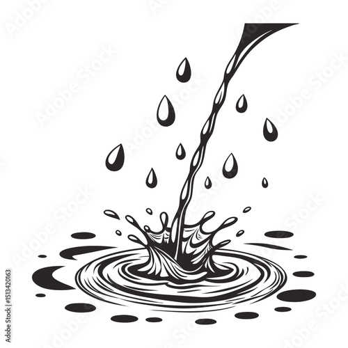 Puddles drops splashing water. Dripping liquid elements, isolated black ink flow. Vector silhouettes, oil or rain drips