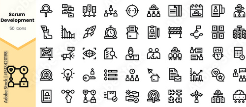 A collection of black icons depicting various elements of Scrum development, including charts, teams, tools, and agile methodologies.