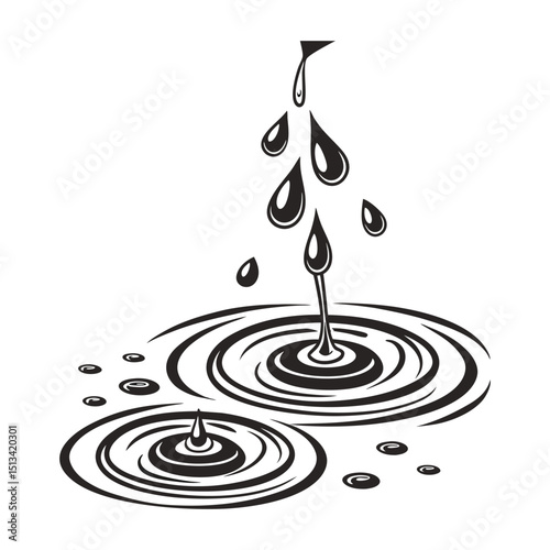 Puddles drops splashing water. Dripping liquid elements, isolated black ink flow. Vector silhouettes, oil or rain drips