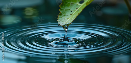 Macro shot of water drop sliding off a leaf into still aqua pond, creating delicate ripples.