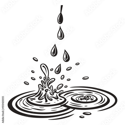 Puddles drops splashing water. Dripping liquid elements, isolated black ink flow. Vector silhouettes, oil or rain drips