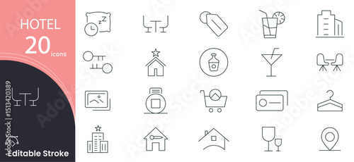 Hotel related icon collections. Containing bed, room, booking, service, reception, travel, key, hospitality, luggage, and accommodation icons. Editable Stroke. Outline icons.
