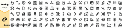 A collection of sewing-related icons in a minimalist black design, featuring tools, fabrics, and clothing items for crafting enthusiasts.