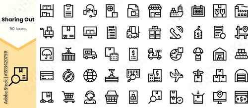 A diverse collection of black outline icons representing various business and logistics concepts, including shipping, communication, and financial transactions.