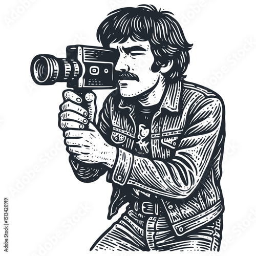 Vintage engraving vector of a focused man with a mustache in a denim jacket, filming with an old 8mm or 16mm movie camera. Retro filmmaker character.