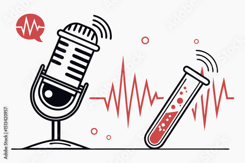 Science podcast illustration with microphone, test tube and waveform line