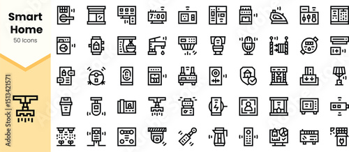 A collection of smart home icons featuring various household devices, enhancing modern living with technology integration and convenience.