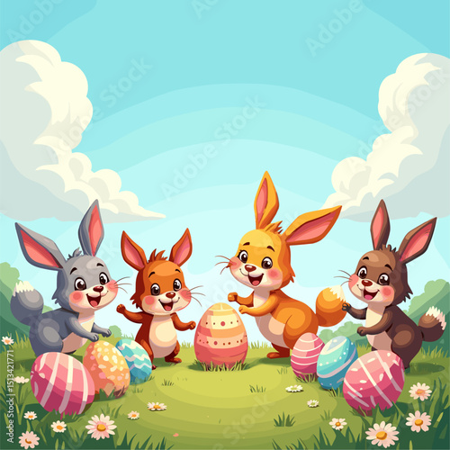 Easter Fun: Vector Animals Decorating Eggs in Sunny Meadow. Playful Cartoon Illustration of Spring Celebration. Cheerful Scene with Bright Colors, Joyful Animals, and Exaggerated Proportions in