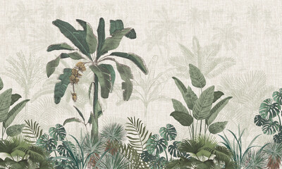 Fotobehang Interieurtrends Vintage jungle met bananenboom op linnen  © csinie1