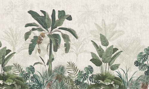 Botanical Wall Mural: Light Green Palms & Exotic Leaves Panoramic Border Design