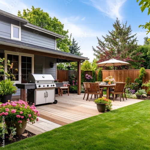 Backyard barbeque exterior background, summer mood